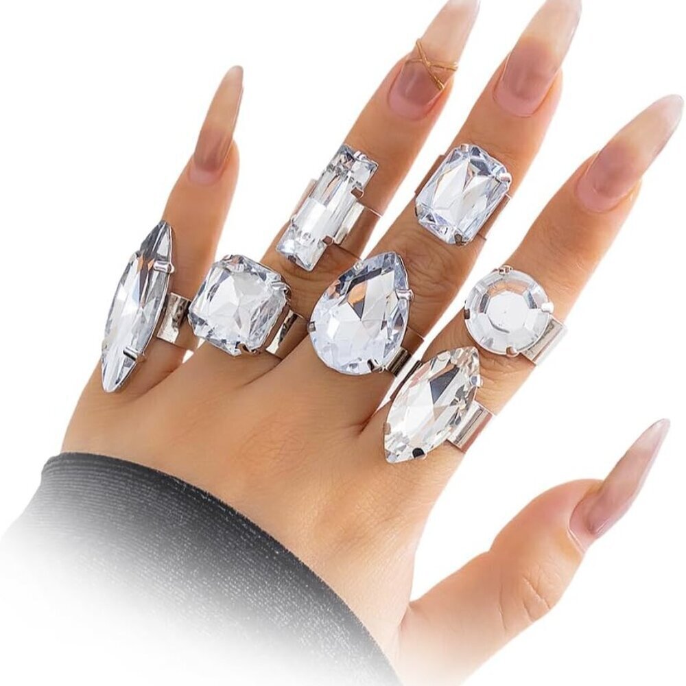 7Pcs Silver Crystal Geometric Open Stackable Rings Set for Women